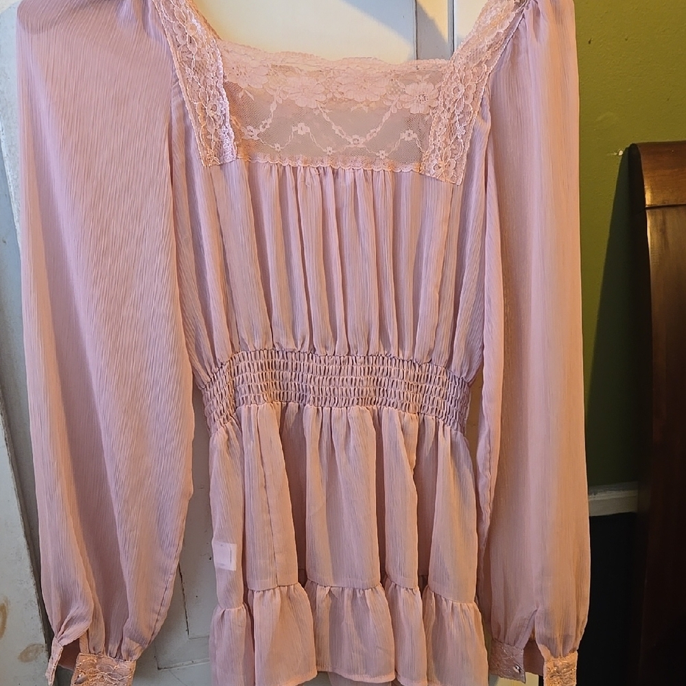 Candie's Pink Bishop Sleeve Blouse with Smocked Details